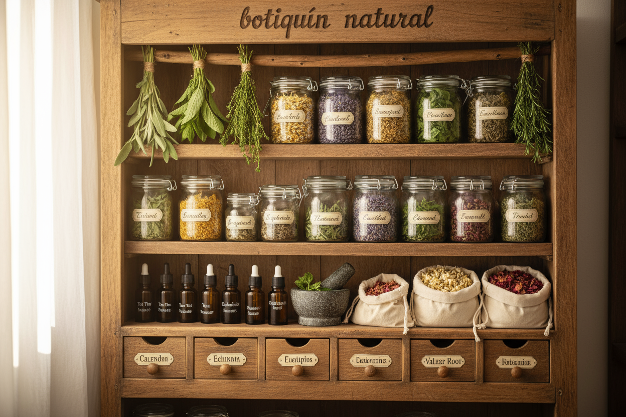 crea una imagen de un botiquin natural de hierbas